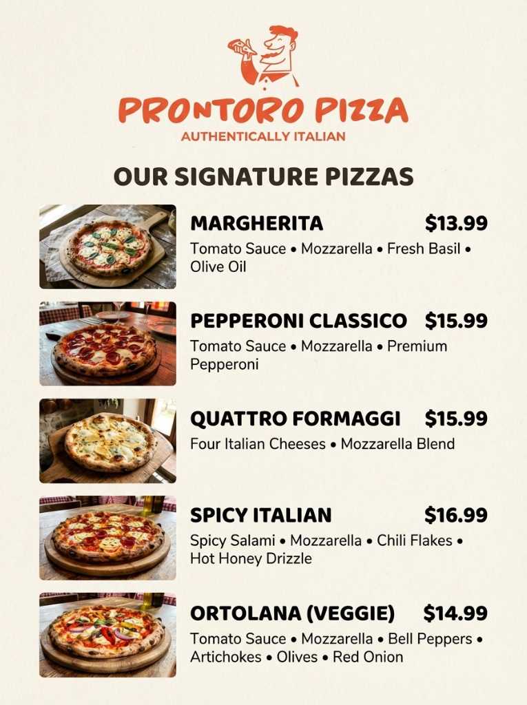 Prontoro Pizza official menu